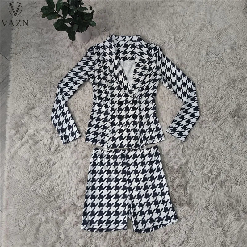 VAZN 2022 Plover Case Spring Women Suit New Street Girl Style New Long Sleeve Lapel Top Elastic Short Pants Two Piece Sets