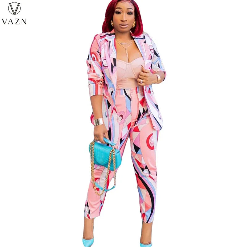 VAZN 2022 Printed Spring Women Suit New Street Casual Style New Long Sleeve Lapel Top Buttons Long Pants Two Piece Sets