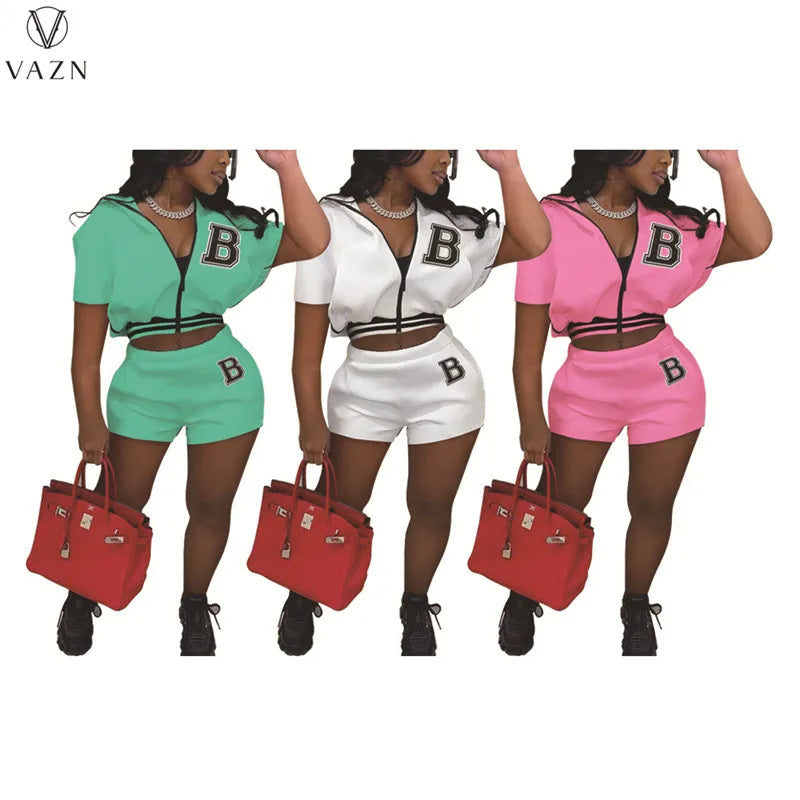 VAZN 2022 Women Suit New Street Casual Style New Short Sleeve Lapel Zipper Top Elastic Short Pants Printed Two Piece Sets