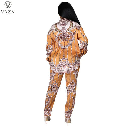 VAZN New 2021 Ladies Spring Fashion Street Casual Style Women Suit Long Sleeve Lapel Top Elastic Long Pants Two Piece Sets