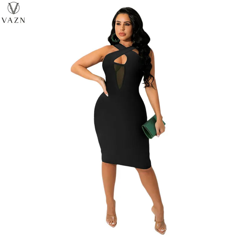 VAZN 2022 Pure Color Lady Dress Women Fashion New Street Girl Style Long Dress Sleeveless V Neck Mid Long Dress