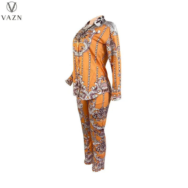 VAZN New 2021 Ladies Spring Fashion Street Casual Style Women Suit Long Sleeve Lapel Top Elastic Long Pants Two Piece Sets