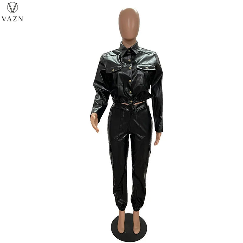 VAZN 2022 Women Fashion Hot Sale Street Casual Style Sets Long Sleeve Lapel Top Buttons Long Pants Pure Color Women Suit