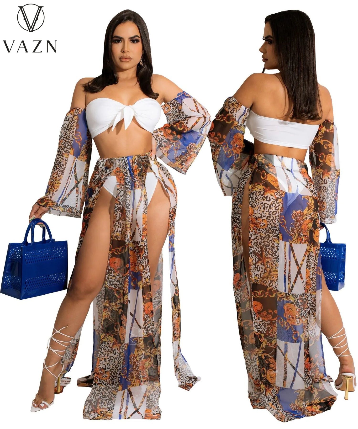 VAZN 2022 New Sexy Holiday Beach Style Women Suit Strapless Bikini Open Fork Floor Length Skirt Printed Sexy Three Piece Set