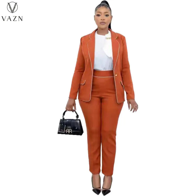 VAZN New 2022 Ladies Fashion Casual Street Style Women Suit Long Sleeve Lapel Elastic Long Pants Pure Color 2 Piece Sets