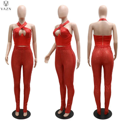 VAZN 2021 New Office Lady Sexy Holiday Style Sets Sleeveless Halter Top Elastic Long Pants Solid Two Piece Sets