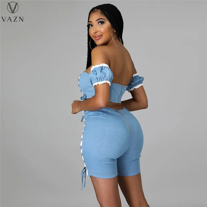 VAZN 2022 Hollow Out Sexy Street Style Women Suit Short Sleeve Card Shoulder Top Zipper Short Pants Pure Color Lady 2 Piece Set