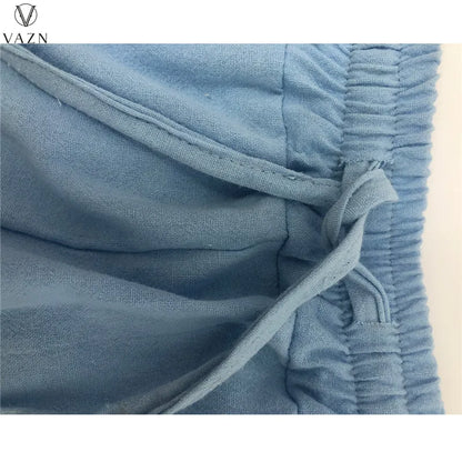 VAZN  2021 New Women Street Casual Style Sets Long Sleeve Lapel Shirt Elastic Short Pants Pure Color Two Piece Sets