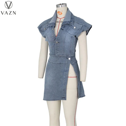 VAZN 2022 New Sexy Street Style Women Suits Sleeveless Lapel Top Elastic Mini Short Skirt Pure Color Lady Denim Two Piece Sets