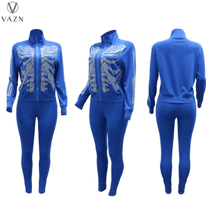 VAZN 2022 Printed Spring Women Suit New Street Casual Style New Long Sleeve Zipper Top Elastic Long Pants Two Piece Sets