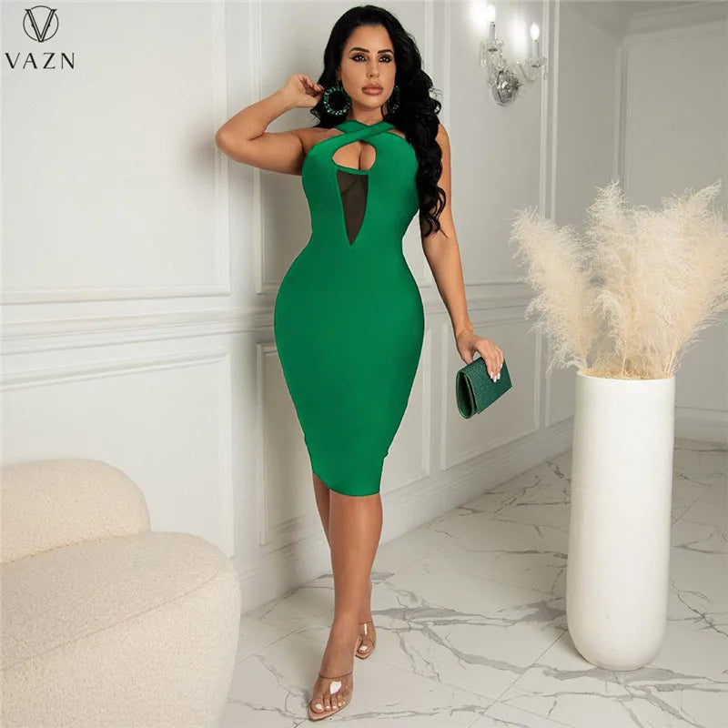 VAZN 2022 Pure Color Lady Dress Women Fashion New Street Girl Style Long Dress Sleeveless V Neck Mid Long Dress