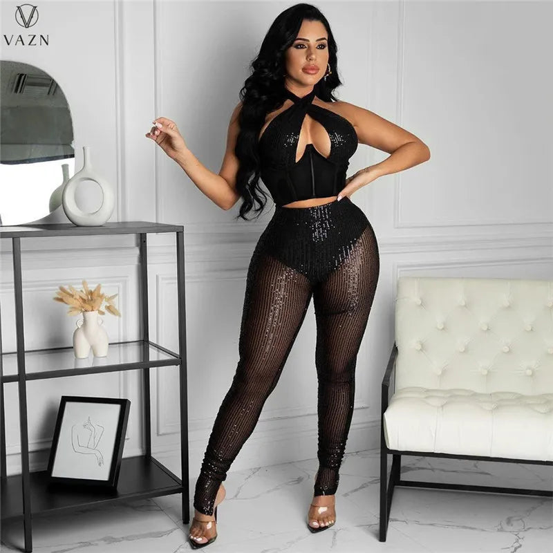 VAZN 2021 New Office Lady Sexy Holiday Style Sets Sleeveless Halter Top Elastic Long Pants Solid Two Piece Sets