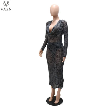 VAZN 2022 New Sexy Long Sleeve V Neck Dress Printed Mid Long Dress Fashion Lady Street Girl Style Long Dress