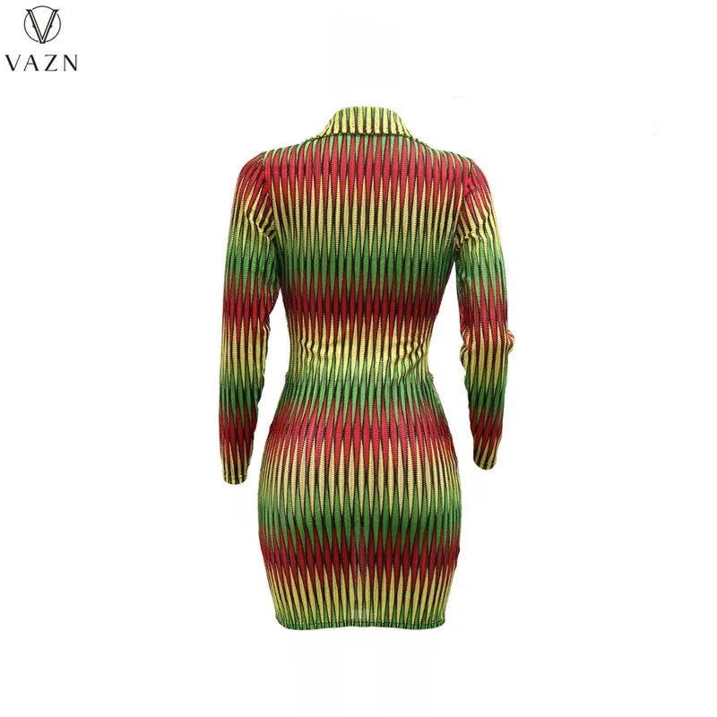 VAZN 2022 New Fashion Women Casual Girl Style Short Dress Long Sleeve Lapel Dress Zipper Printed Mini Short Dress