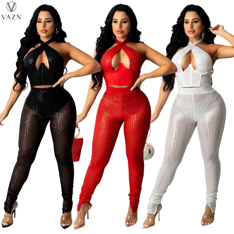 VAZN 2021 New Office Lady Sexy Holiday Style Sets Sleeveless Halter Top Elastic Long Pants Solid Two Piece Sets