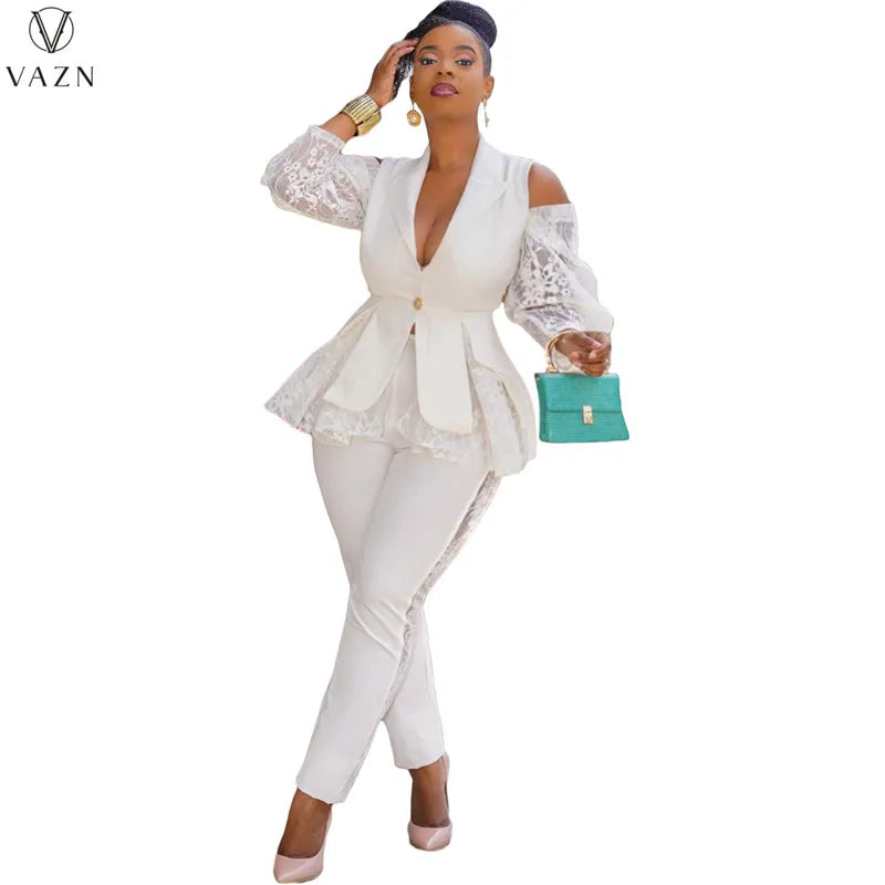 VAZN New 2021 Ladies Fashion Street Girl Style Women Suit Long Sleeve Lapel Top Elastic Long Pants Lace Two Piece Sets