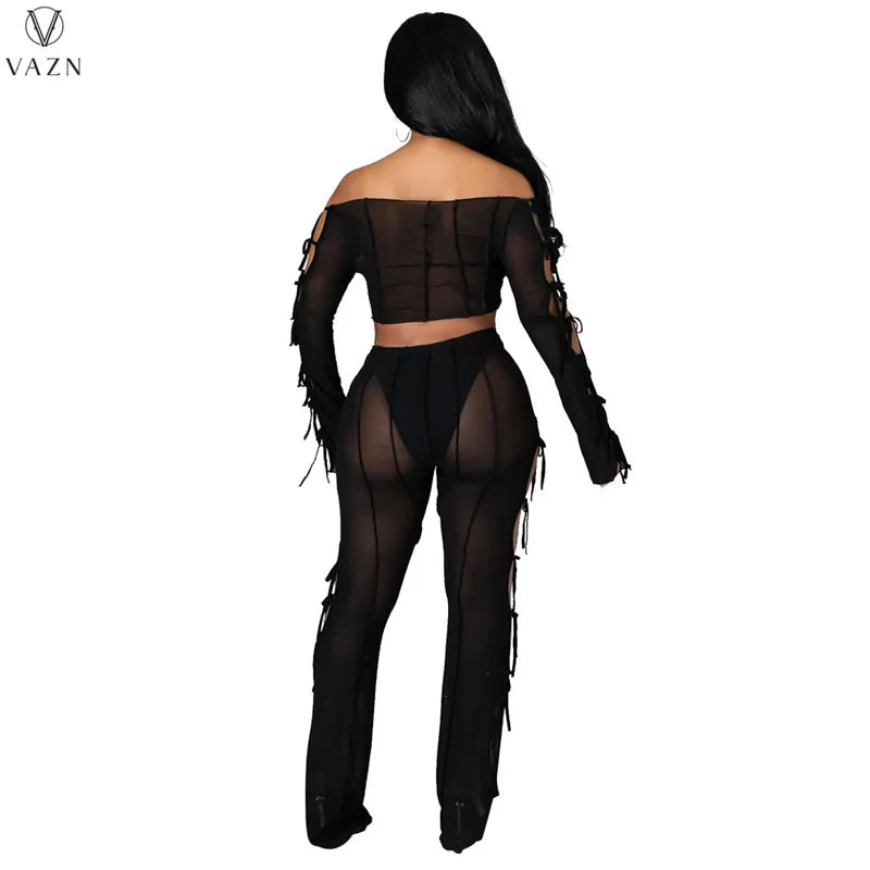 VAZN 2021 Lady Fashion New Sexy Girl Style Sets Long Sleeve Card Shoulder Short Top Elastic Long Pants Pure Color 2 Piece Sets