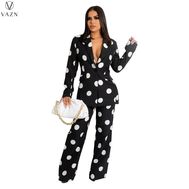 VAZN 2021 Fashion Women New Street Casual Style Sets Long Sleeve Lapel One Buttons Top Elastic Long Pants Printed Two Piece Sets