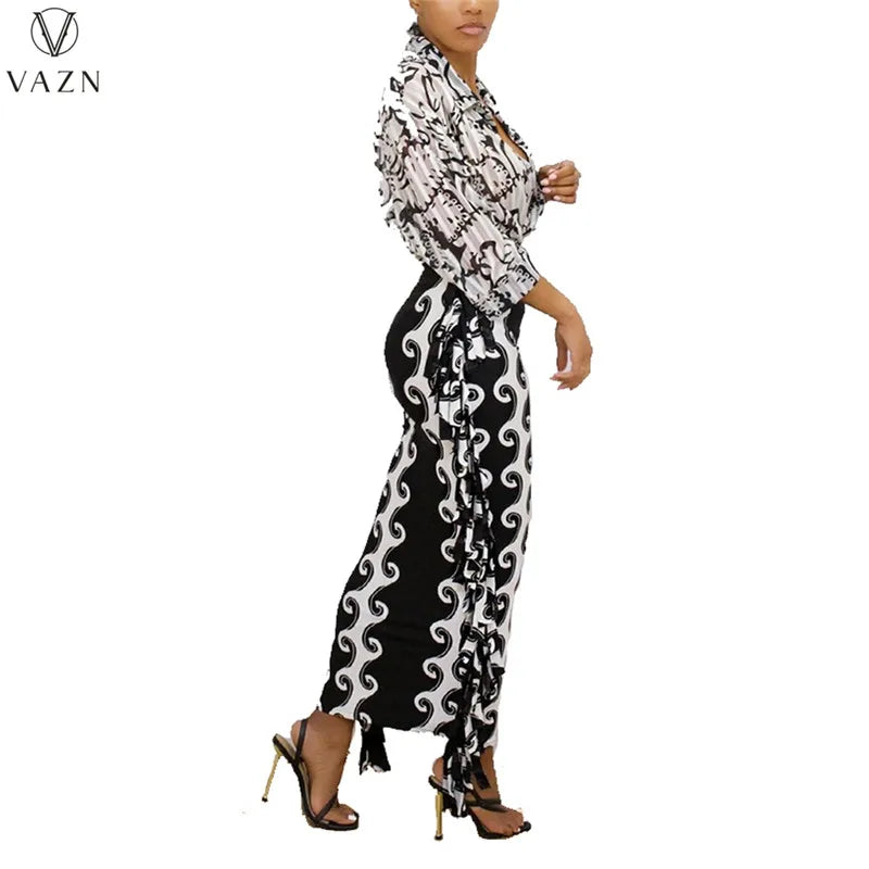 VAZN 2021 Women Fashion New Sexy High Street Style Long Skirt Elastic High Waist Printed Tight Ankle Length Skirt