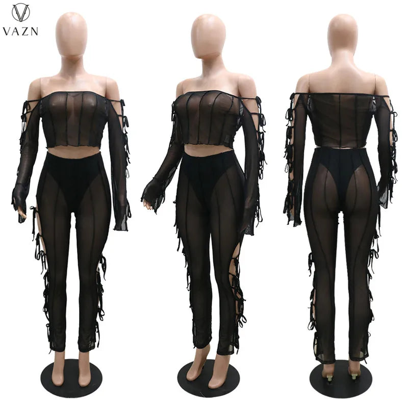 VAZN 2021 Lady Fashion New Sexy Girl Style Sets Long Sleeve Card Shoulder Short Top Elastic Long Pants Pure Color 2 Piece Sets