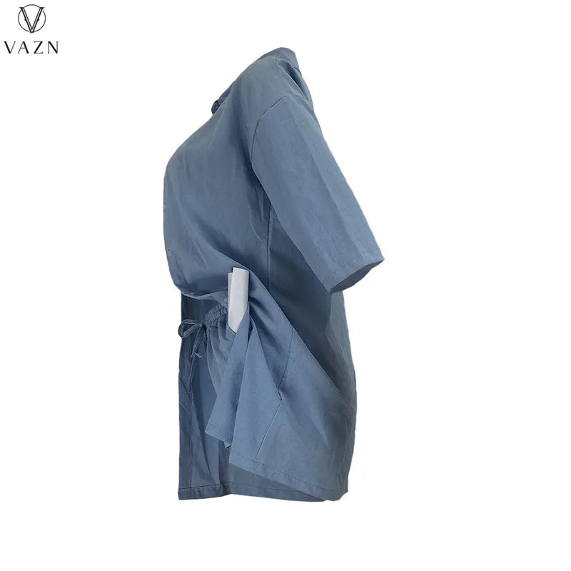 VAZN  2021 New Women Street Casual Style Sets Long Sleeve Lapel Shirt Elastic Short Pants Pure Color Two Piece Sets