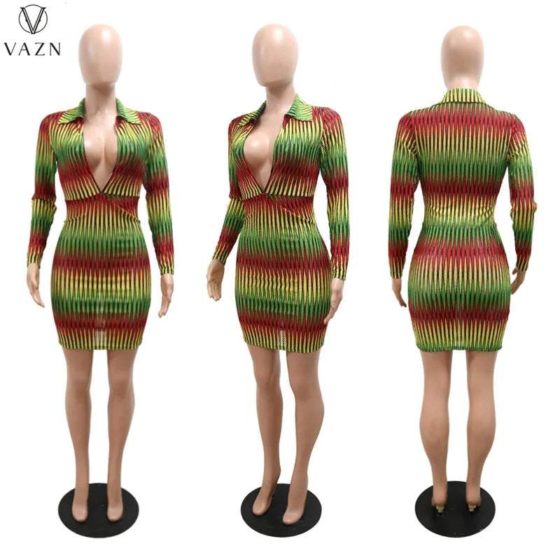 VAZN 2022 New Fashion Women Casual Girl Style Short Dress Long Sleeve Lapel Dress Zipper Printed Mini Short Dress