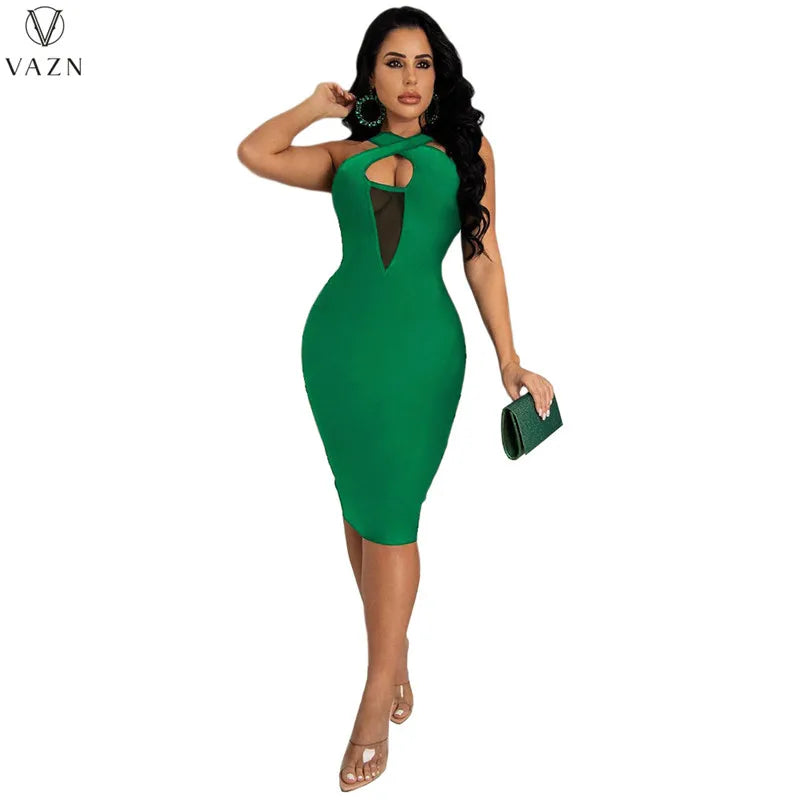 VAZN 2022 Pure Color Lady Dress Women Fashion New Street Girl Style Long Dress Sleeveless V Neck Mid Long Dress