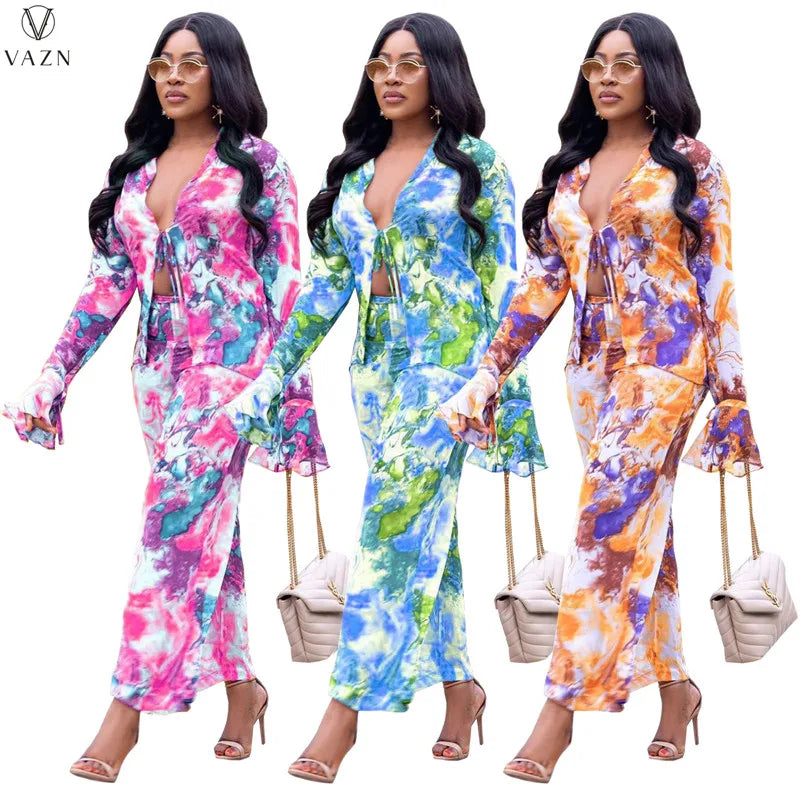 VAZN 2021 Women New Fashion Sexy Holiday Style Sets Sleeveless Strapless Short Top Elastic Long Pants Printed Two Piece Sets