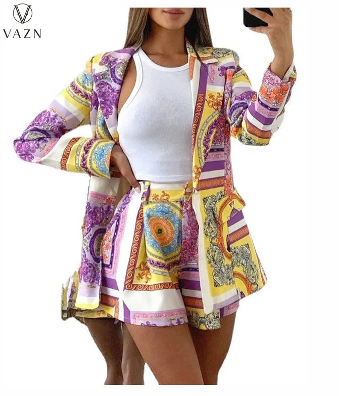 VAZN New 2021 Ladies Spring Fashion Street Girl Style Women Suit Long Sleeve lapel Top buttons short Pants Printed Sets