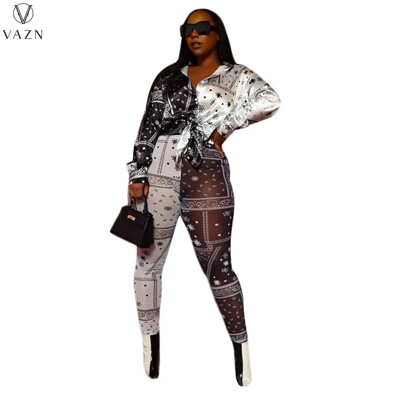 VAZN 2022 Women Suit Fashion Street Casual Style Sets Long Sleeve Lapel Top Elastic Long Pants Printed Two Piece Sets