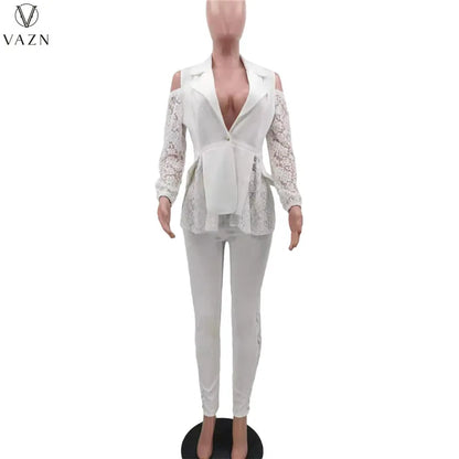 VAZN New 2021 Ladies Fashion Street Girl Style Women Suit Long Sleeve Lapel Top Elastic Long Pants Lace Two Piece Sets