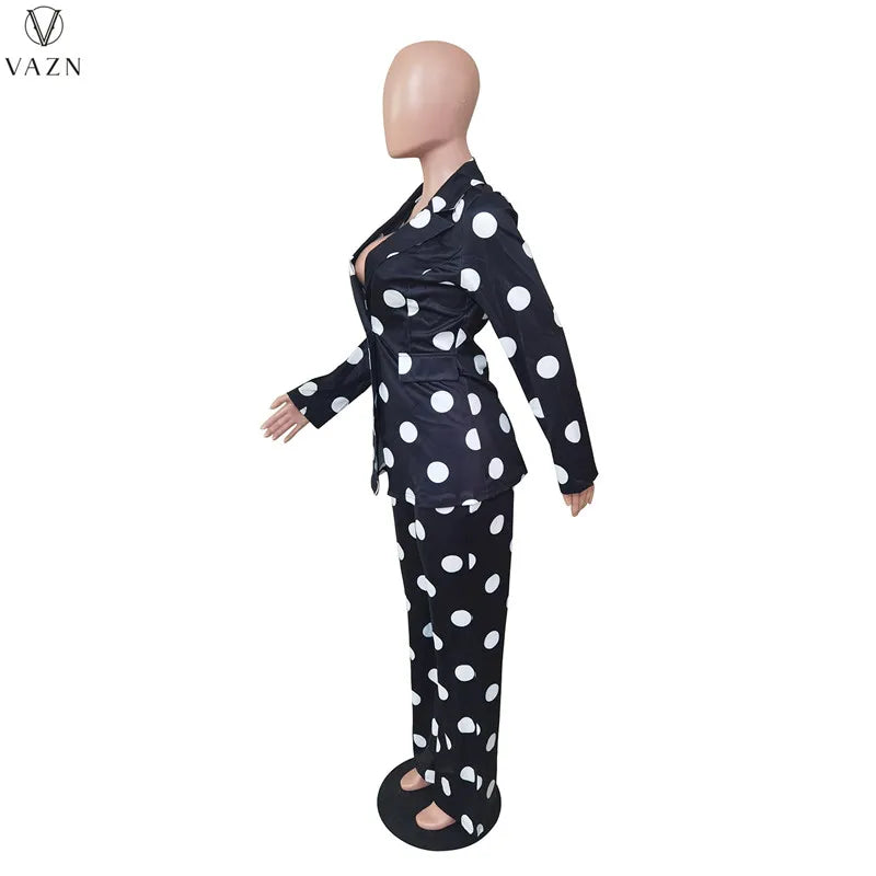 VAZN 2021 Fashion Women New Street Casual Style Sets Long Sleeve Lapel One Buttons Top Elastic Long Pants Printed Two Piece Sets