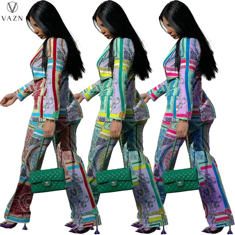 VAZN New 2021 Ladies Spring Fashion Street Casual Style Women Suit Long Sleeve Lapel Top Elastic Long Pants Printed Sets